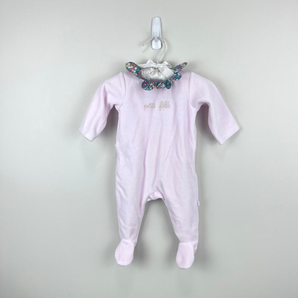 Jacadi Paris Pink Velour Floral Petal Collar Footie Coverall 3 Months